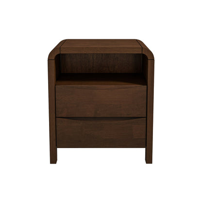 Mid Century Modern Solid Wood Nightstand – 2 Drawer Walnut Bedside Table (23.6” H) featuring clean lines and a rich walnut finish.