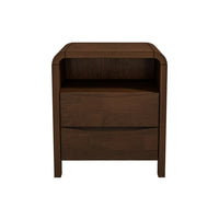 Mid Century Modern Solid Wood Nightstand – 2 Drawer Walnut Bedside Table (23.6” H) featuring clean lines and a rich walnut finish.