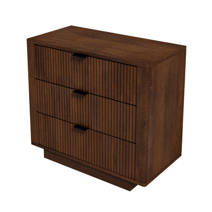 The Ashcroft Furniture Lola Styled Solid Wood Walnut Nightstand (2 or 3 drawers) features vertical grooves and black rectangular handles in a dark walnut finish, channeling Mid-Century Modern style for a timeless bedroom look.