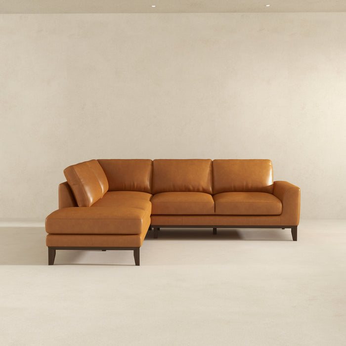 Modern Leather Chaise Sofa Sectional 97" – London MCM Italian Leather Sectional in warm caramel color on a neutral backdrop.