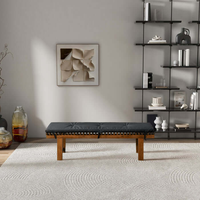 Lucia Black Faux Leather Bench 59" – Solid Wood Mid-Century Upholstered Bench in a modern living space