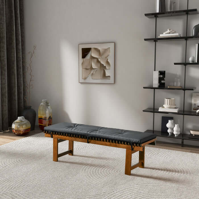 Lucia Black Faux Leather Bench 59" – Solid Wood Mid-Century Upholstered Bench in stylish living room setting.
