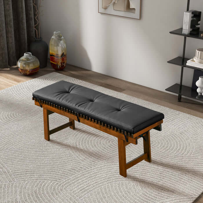 Lucia Black Faux Leather Bench 59" – Solid Wood Mid-Century Upholstered Bench in modern living room setting.