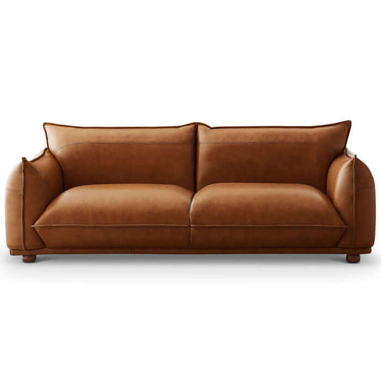 Emma 89" Genuine Leather Sofa with Solid Wood Frame & Accent Pillows (3 Colors)