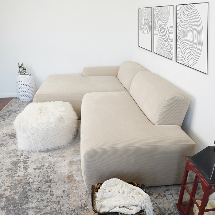 Contemporary Corduroy Chaise Sofa Sectional 102” – Mar Modern L-Shape Corduroy Couch (3 Colors) in a living room setting.