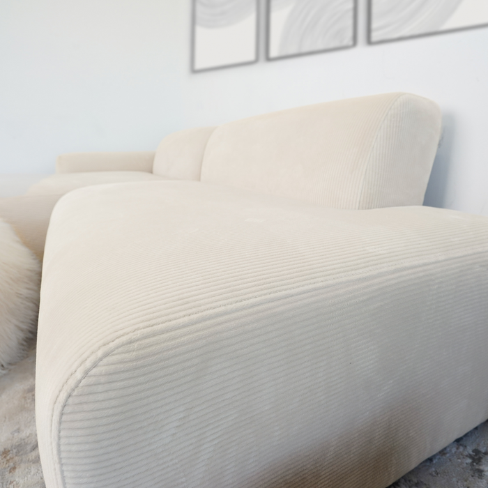 Contemporary Corduroy Chaise Sofa Sectional 102” – Mar Modern L-Shape Corduroy Couch (3 Colors) in soft beige.