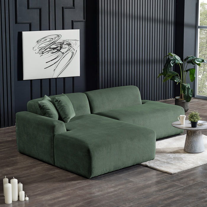 Contemporary Corduroy Chaise Sofa Sectional 102” – Mar Modern L-Shape Corduroy Couch in green in stylish living room.