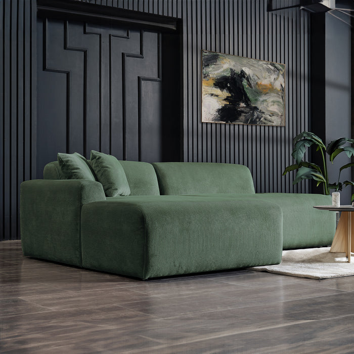 Contemporary Corduroy Chaise Sofa Sectional 102” – Mar Modern L-Shape Corduroy Couch (3 Colors) in green fabric.