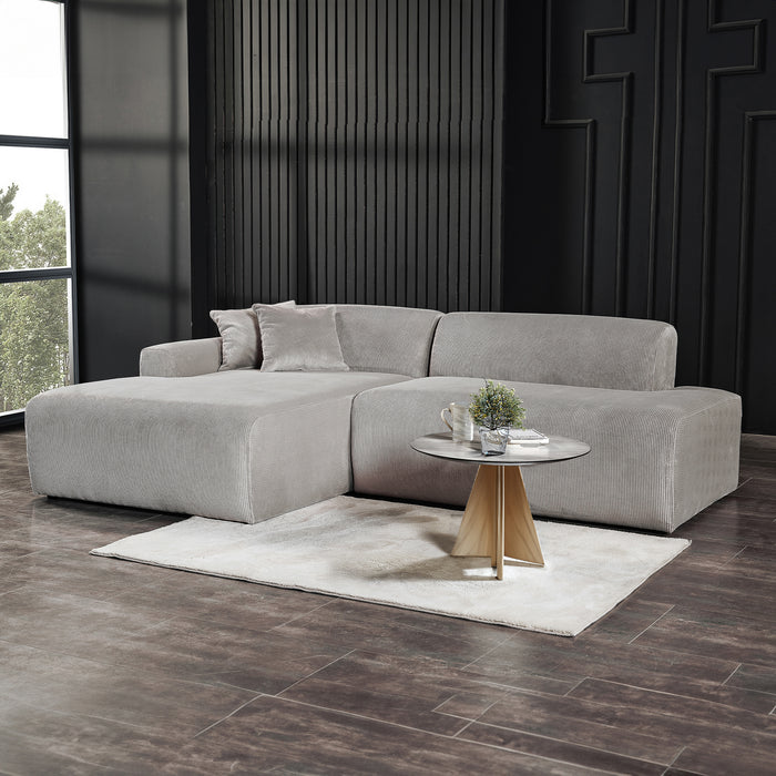 Contemporary Corduroy Chaise Sofa Sectional 102” – Mar Modern L-Shape Corduroy Couch (3 Colors) in gray setting.