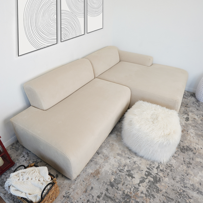Contemporary Corduroy Chaise Sofa Sectional 102” – Mar Modern L-Shape Corduroy Couch (3 Colors) in beige.
