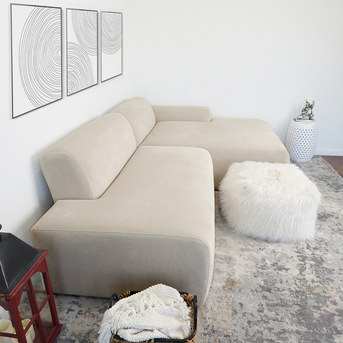 Contemporary Corduroy Chaise Sofa Sectional 102” – Mar Modern L-Shape Corduroy Couch (3 Colors) in a stylish living room.