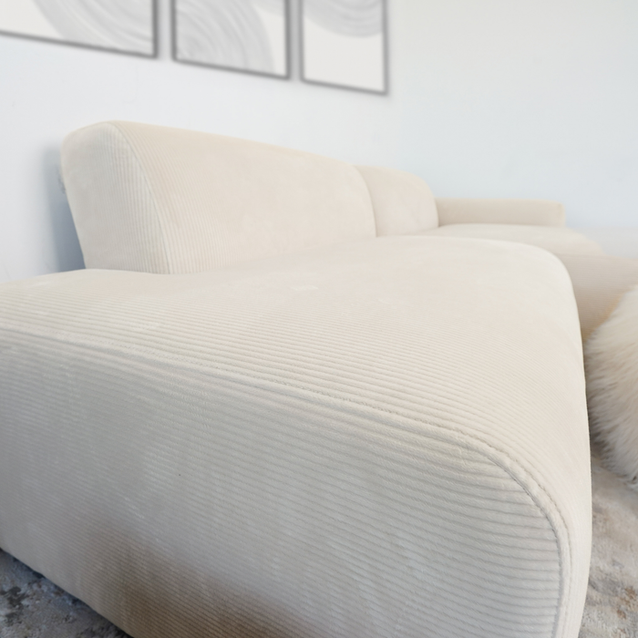 Contemporary Corduroy Chaise Sofa Sectional 102” – Mar Modern L-Shape Corduroy Couch in light beige.