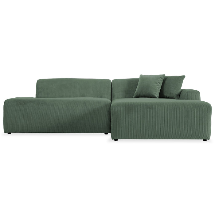 Contemporary Corduroy Chaise Sofa Sectional 102” – Mar Modern L-Shape Corduroy Couch (3 Colors) in green fabric.