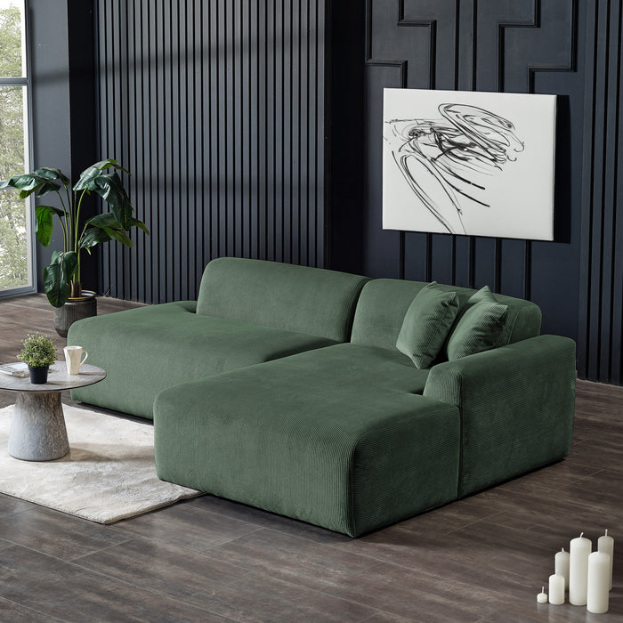 Contemporary Corduroy Chaise Sofa Sectional 102” – Mar Modern L-Shape Corduroy Couch (3 Colors) in green fabric.
