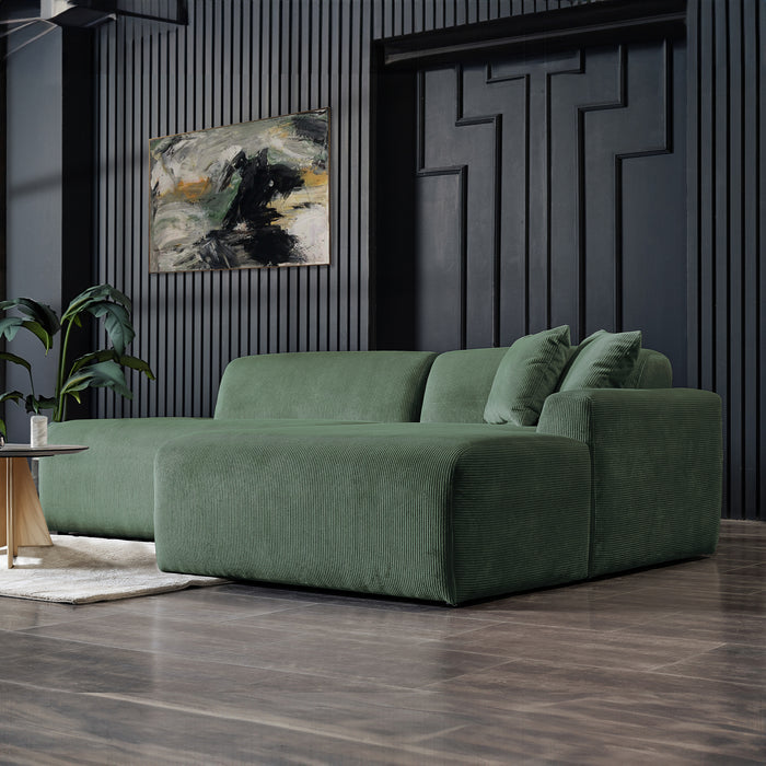 Contemporary Corduroy Chaise Sofa Sectional 102” – Mar Modern L-Shape Corduroy Couch (3 Colors) in green fabric.