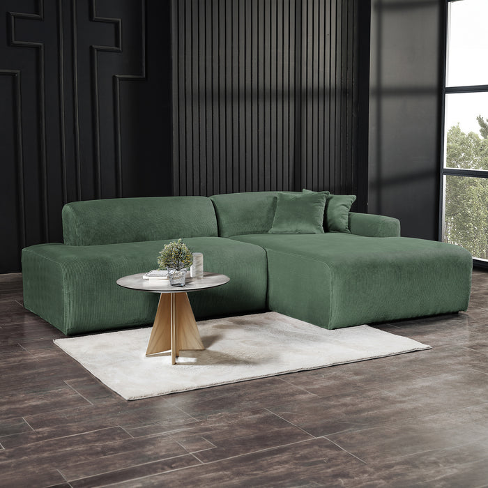Contemporary Corduroy Chaise Sofa Sectional 102” – Mar Modern L-Shape Corduroy Couch (3 Colors) in green fabric.
