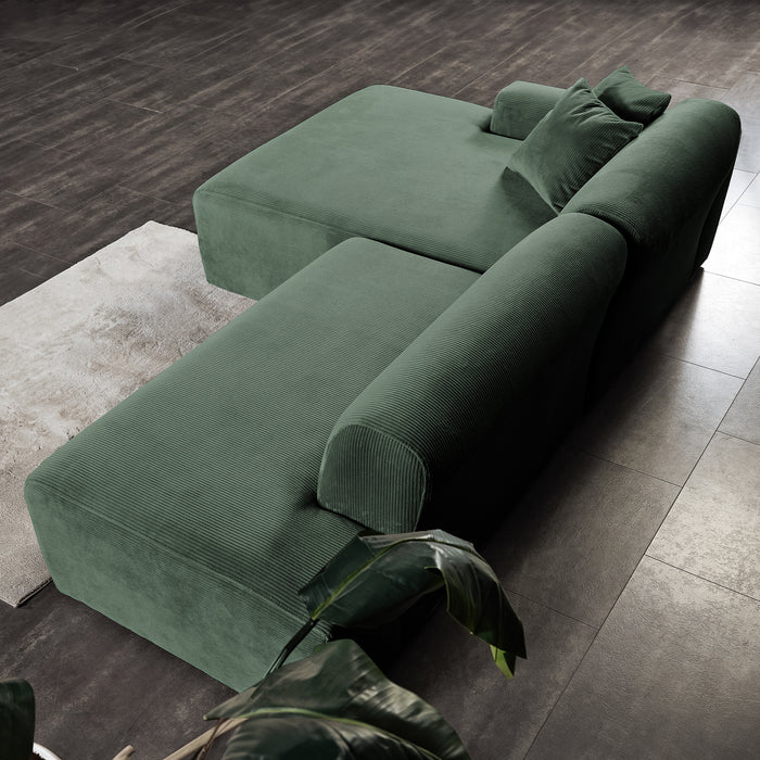 Contemporary Corduroy Chaise Sofa Sectional 102” – Mar Modern L-Shape Corduroy Couch (3 Colors) in green.