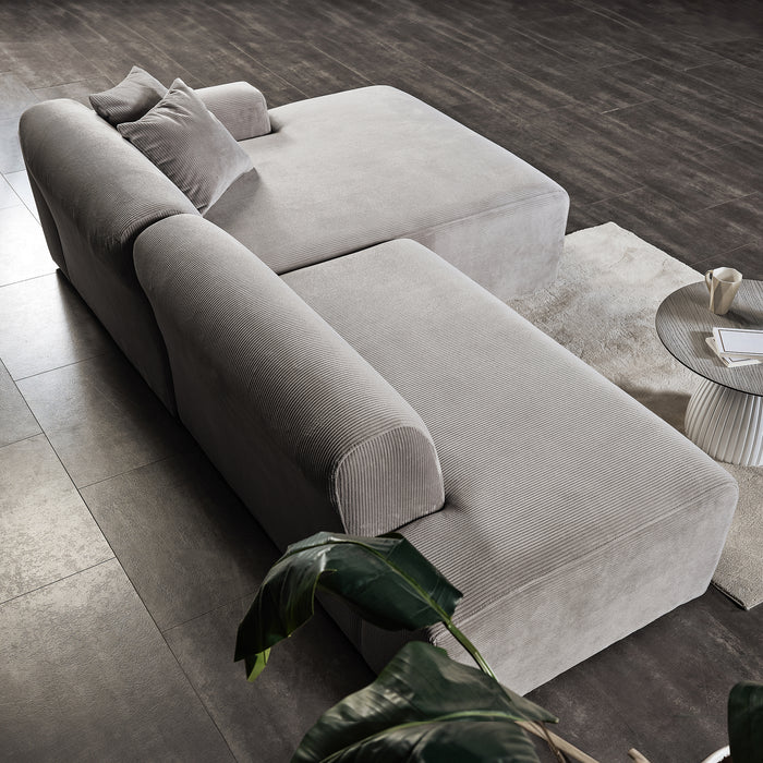 Contemporary Corduroy Chaise Sofa Sectional 102” – Mar Modern L-Shape Corduroy Couch (3 Colors) in gray.