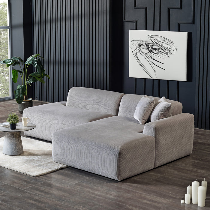 Contemporary Corduroy Chaise Sofa Sectional 102” – Mar Modern L-Shape Corduroy Couch (3 Colors) in a stylish living room.