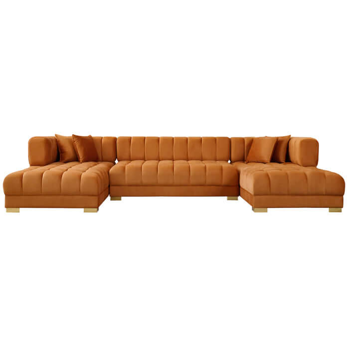 Tufted Velvet Dual Chaise Sectional Sofa 142" – Marlow U-Shaped Velvet Sectional (Ivory or Cognac) in a stylish orange hue.