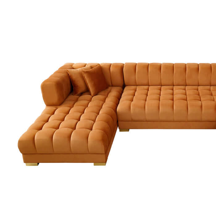 Tufted Velvet Dual Chaise Sectional Sofa 142" – Marlow U-Shaped Velvet Sectional (Ivory or Cognac) in cognac color.