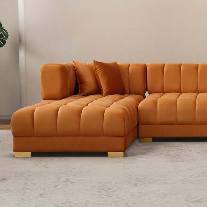 Tufted Velvet Dual Chaise Sectional Sofa 142" – Marlow U-Shaped Velvet Sectional (Ivory or Cognac) in cognac color.