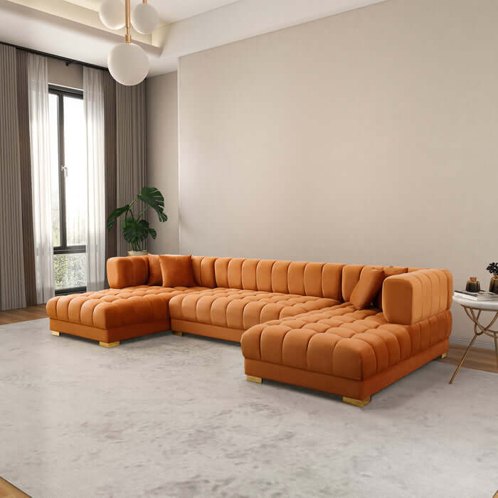 Tufted Velvet Dual Chaise Sectional Sofa 142" – Marlow U-Shaped Velvet Sectional (Ivory or Cognac) in orange.