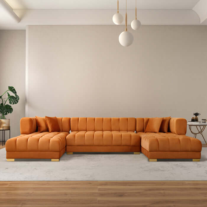 Tufted Velvet Dual Chaise Sectional Sofa 142" – Marlow U-Shaped Velvet Sectional (Ivory or Cognac) in orange.