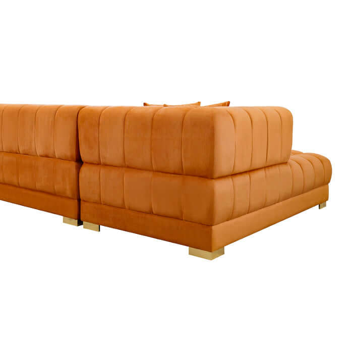 Tufted Velvet Dual Chaise Sectional Sofa 142" – Marlow U-Shaped Velvet Sectional (Ivory or Cognac) in cognac color.