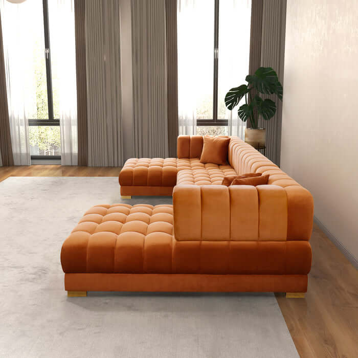 Tufted Velvet Dual Chaise Sectional Sofa 142" – Marlow U-Shaped Velvet Sectional (Ivory or Cognac) in cognac color