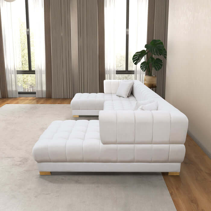 Tufted Velvet Dual Chaise Sectional Sofa 142" – Marlow U-Shaped Velvet Sectional (Ivory or Cognac) in modern living room.
