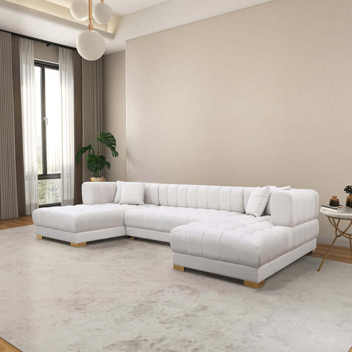 Tufted Velvet Dual Chaise Sectional Sofa 142" – Marlow U-Shaped Velvet Sectional (Ivory or Cognac) in a stylish living room.