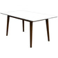 The Ashcroft Furniture Mary MCM Solid Wood Rectangular Dining Table features a white top and four angled walnut-finished legs, shown against a plain white background. Available in two sizes.