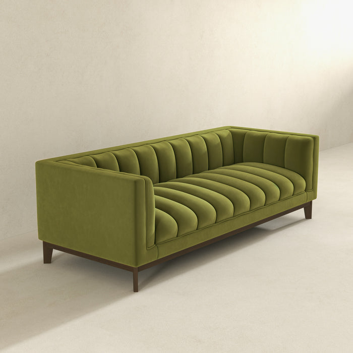 Modern Channel Tufted Fabric Sofa 90” – Melissa MCM Boucle or Velvet Couch (3 Colors) in olive green.