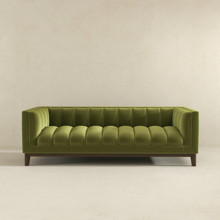 Modern Channel Tufted Fabric Sofa 90” – Melissa MCM Boucle or Velvet Couch (3 Colors), green velvet tufted sofa
