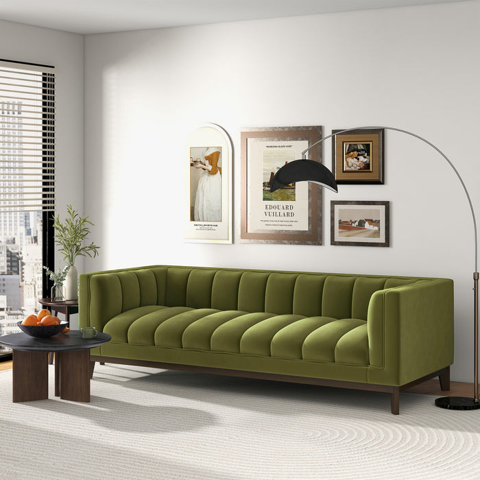 Modern Channel Tufted Fabric Sofa 90” – Melissa MCM Boucle or Velvet Couch (3 Colors) in green with decorative wall art.