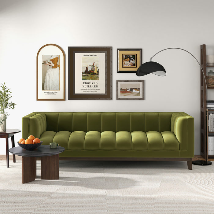 Modern Channel Tufted Fabric Sofa 90” – Melissa MCM Boucle or Velvet Couch (3 Colors) in green upholstery in living room