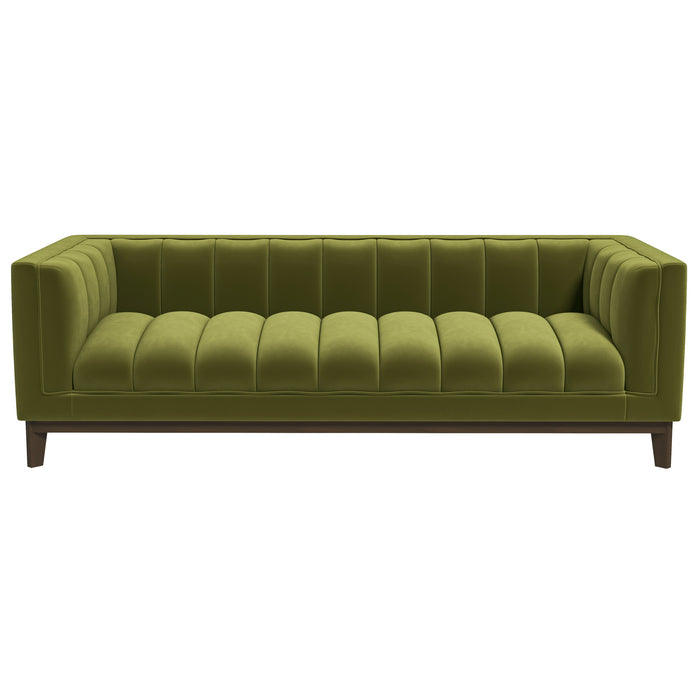 Modern Channel Tufted Fabric Sofa 90” – Melissa MCM Boucle or Velvet Couch (3 Colors) in green upholstery.