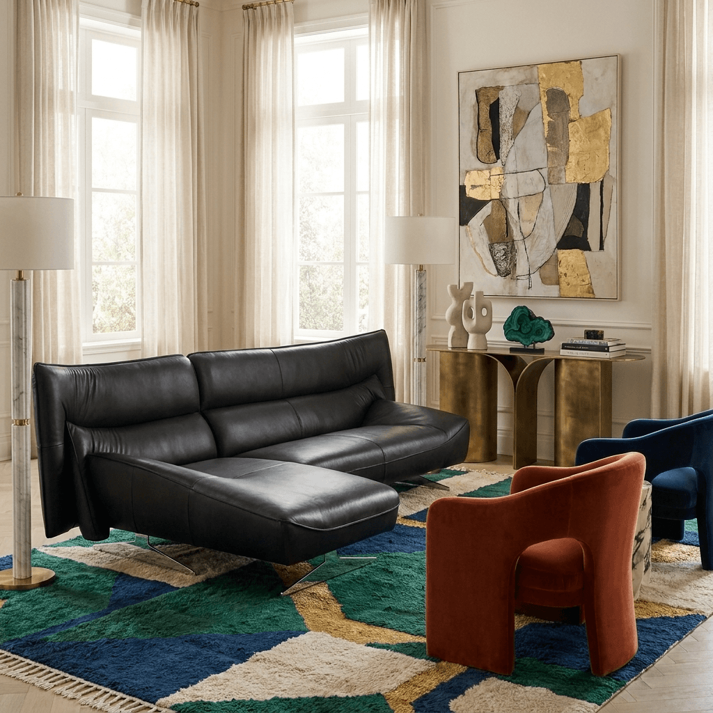 Dark Gray Top Grain Leather Sectional Sofa with Chaise | 113" Modern Sectional in a stylish living room setting.