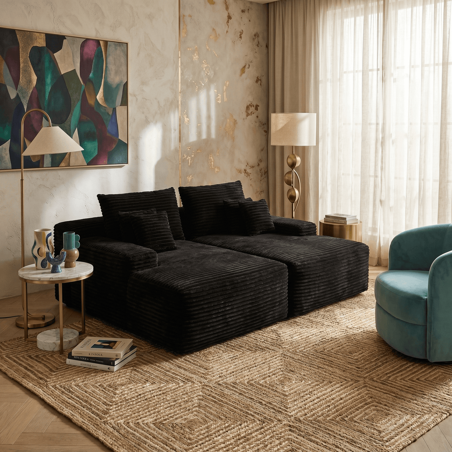82" Black Corduroy Modular Deep Seat Sofa Chaise | Modern Lounge Sectional in a stylish living room with art.