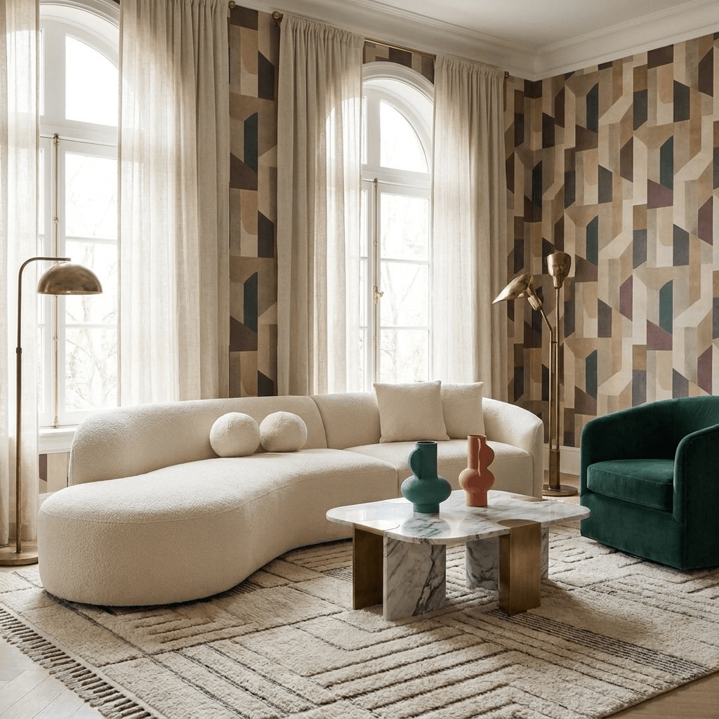 Ivory Boucle Curved Modular Sectional Sofa with Chaise & Toss Pillows | Modern 2-Piece Sectional in a stylish living room
