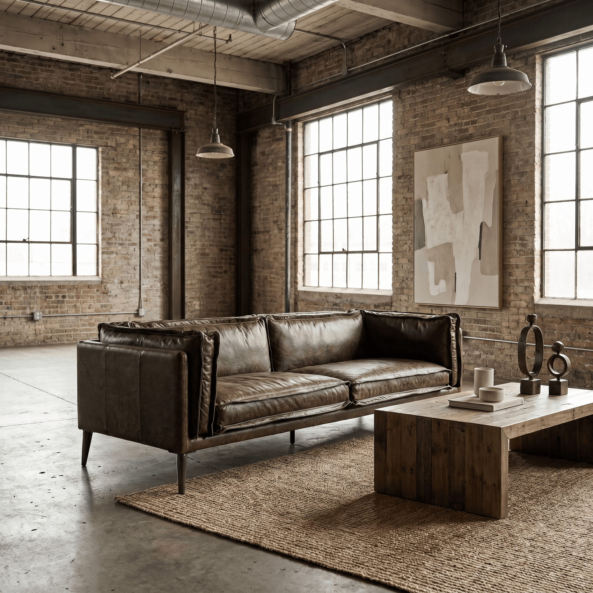 94" Chocolate Top Grain Leather Sofa with Dark Brown Legs | Modern Leather Sofa in a stylish loft setting.