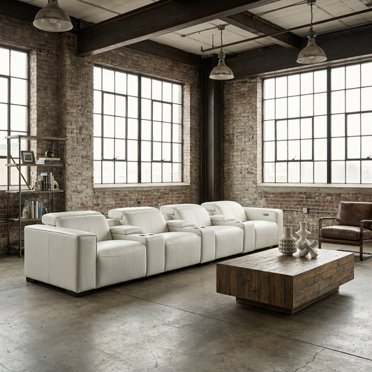179" White Top Grain Leather Power Reclining Sofa with USB | Modern Modular Couch