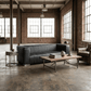 83" Leather Sofa with Solid Wood Frame | Modern Leather Couch (Brn or Blk) in a stylish industrial loft setting.