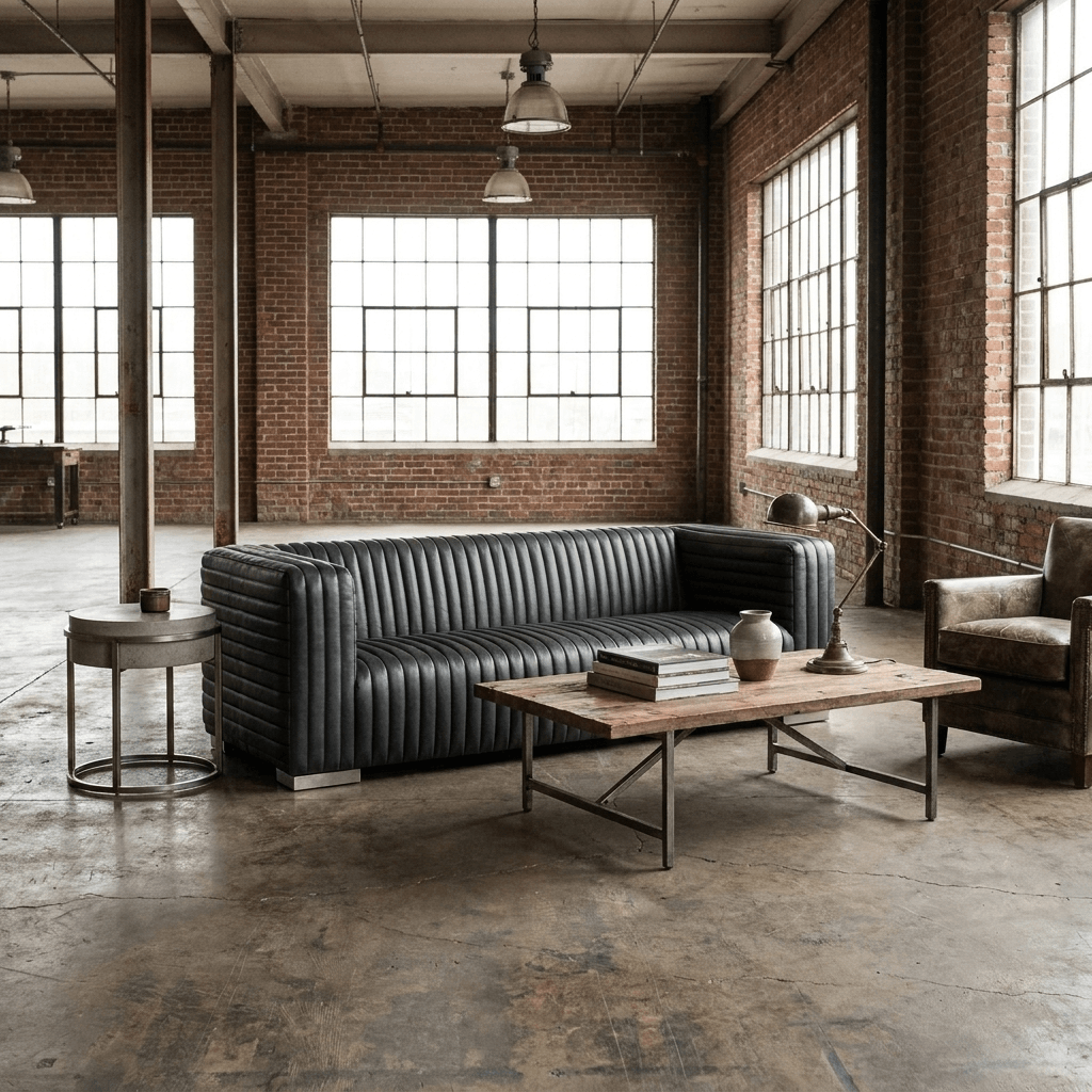 83" Leather Sofa with Solid Wood Frame | Modern Leather Couch (Brn or Blk) in a stylish industrial loft setting.