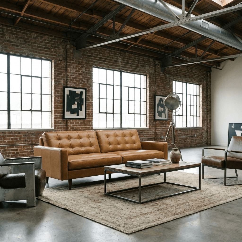 88" Brown Leather Sofa | Modern Leather Couch with Solid Wood Legs in a stylish living room setting.