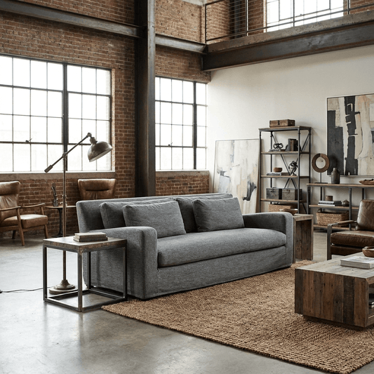 93" Dark Gray Slipcovered Fabric Sofa with Toss Pillows | Modern Upholstered Couch in a modern living space.
