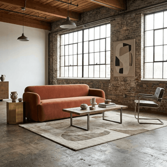 90" Orange Fabric Sofa | Farmhouse Style Upholstered Living Room Couch in a modern industrial setting.