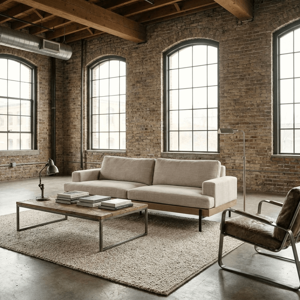 95" Beige Fabric Sofa with Black Legs | Modern Upholstered Living Room Couch in a stylish industrial setting.