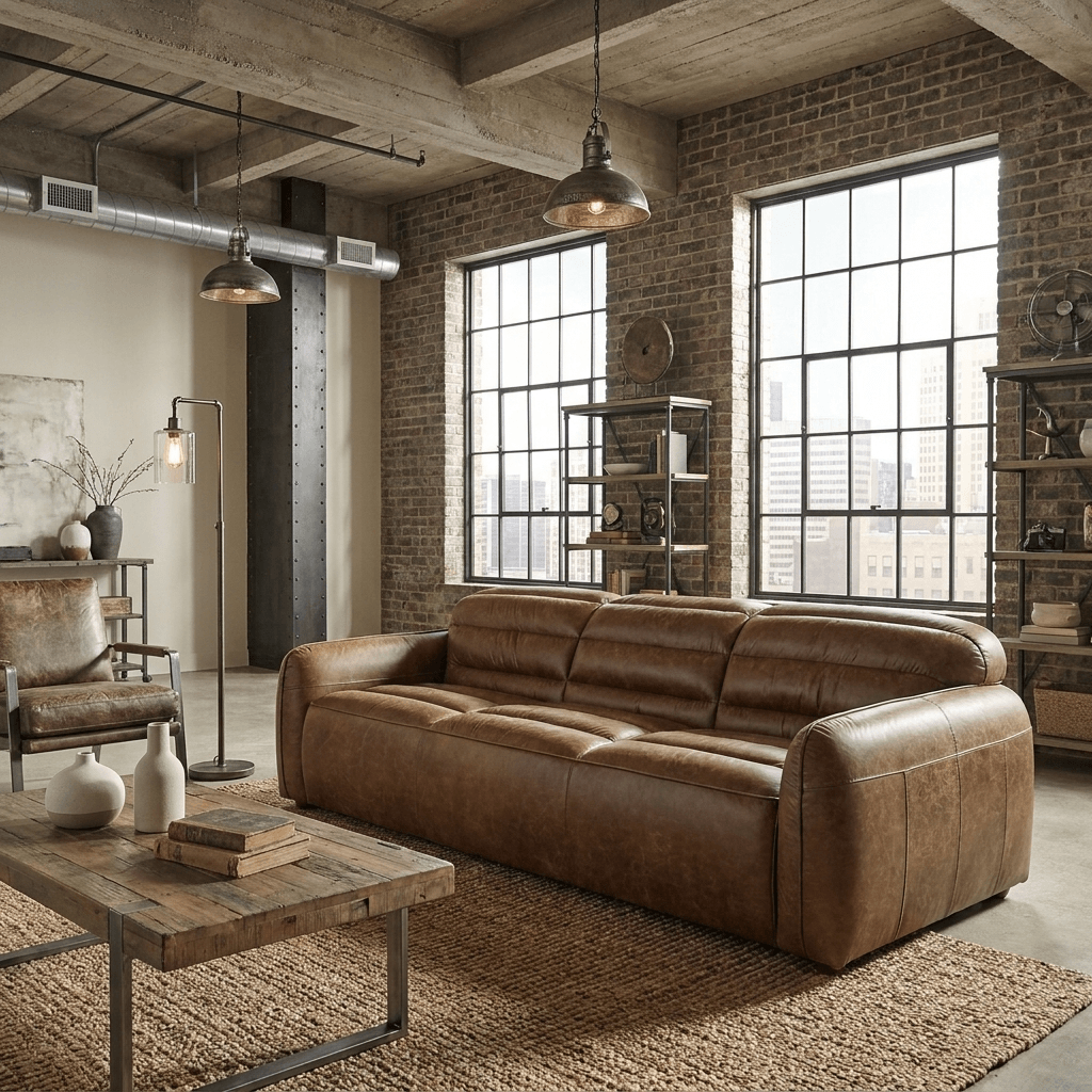 Dark Brown Top Grain Leather Sofa with Black Legs | 95" Contemporary Leather Couch in modern living room setting.